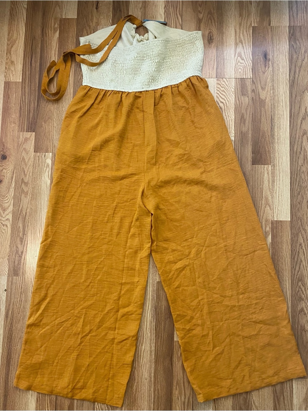 CupShe Cream & Mustard Wide-Leg Halter Jumpsuit Size XL NWT - Picture 6 of 9